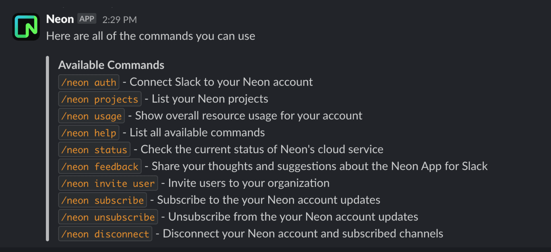 Neon App for Slack commands
