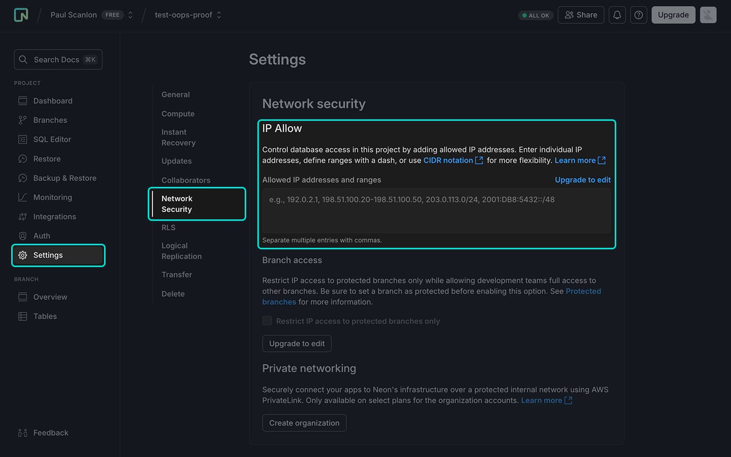 Screenshot of Neon console showing IP Allow settings