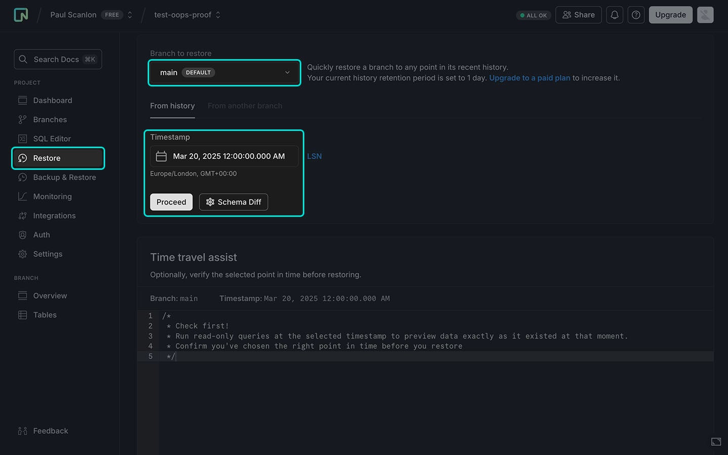 Screenshot of Neon console showing Point-in-Time Restore settngs